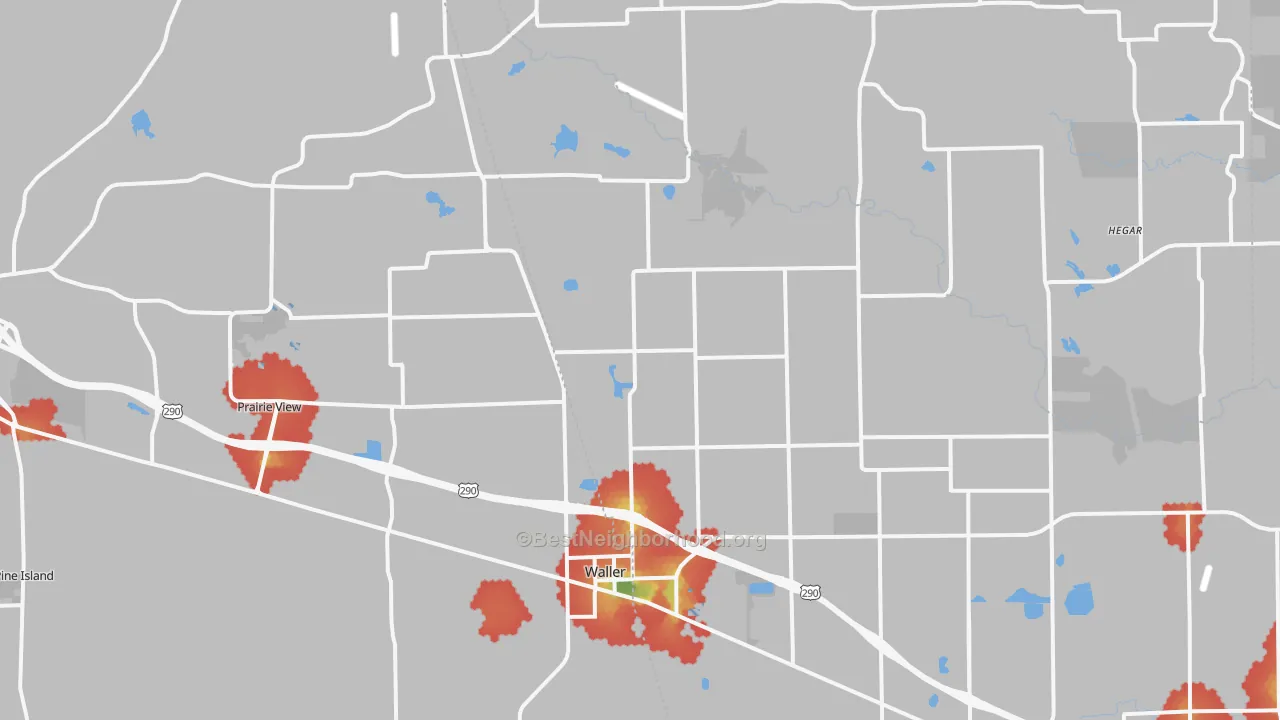 Walk Grade map of 77484, TX, walkable areas in green and car-dependent areas in red