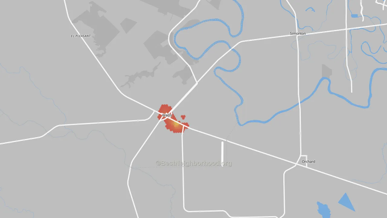 Walk Grade map of 77485, TX, walkable areas in green and car-dependent areas in red