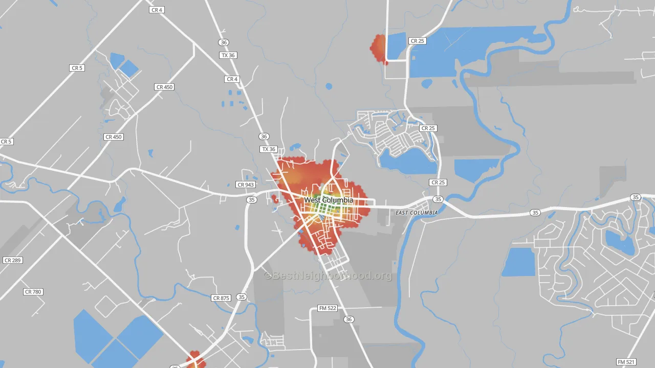 Walk Grade map of 77486, TX, walkable areas in green and car-dependent areas in red