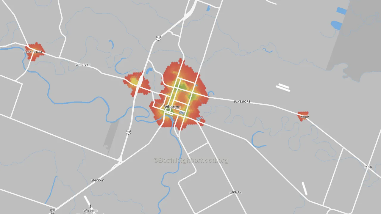 Walk Grade map of 77488, TX, walkable areas in green and car-dependent areas in red