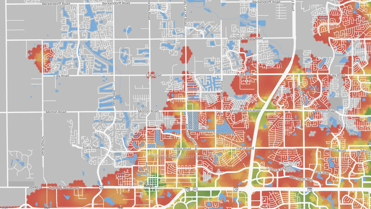Walk Grade map of 77493, TX, walkable areas in green and car-dependent areas in red