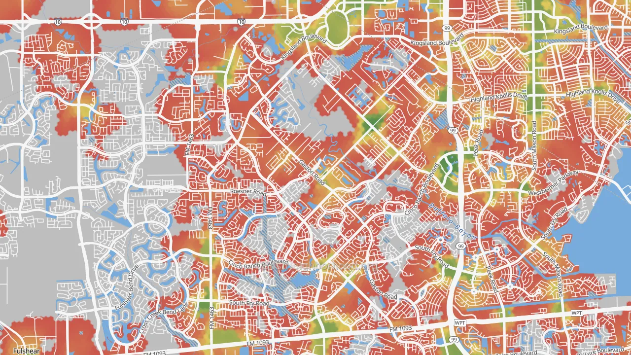 Walk Grade map of 77494, TX, walkable areas in green and car-dependent areas in red
