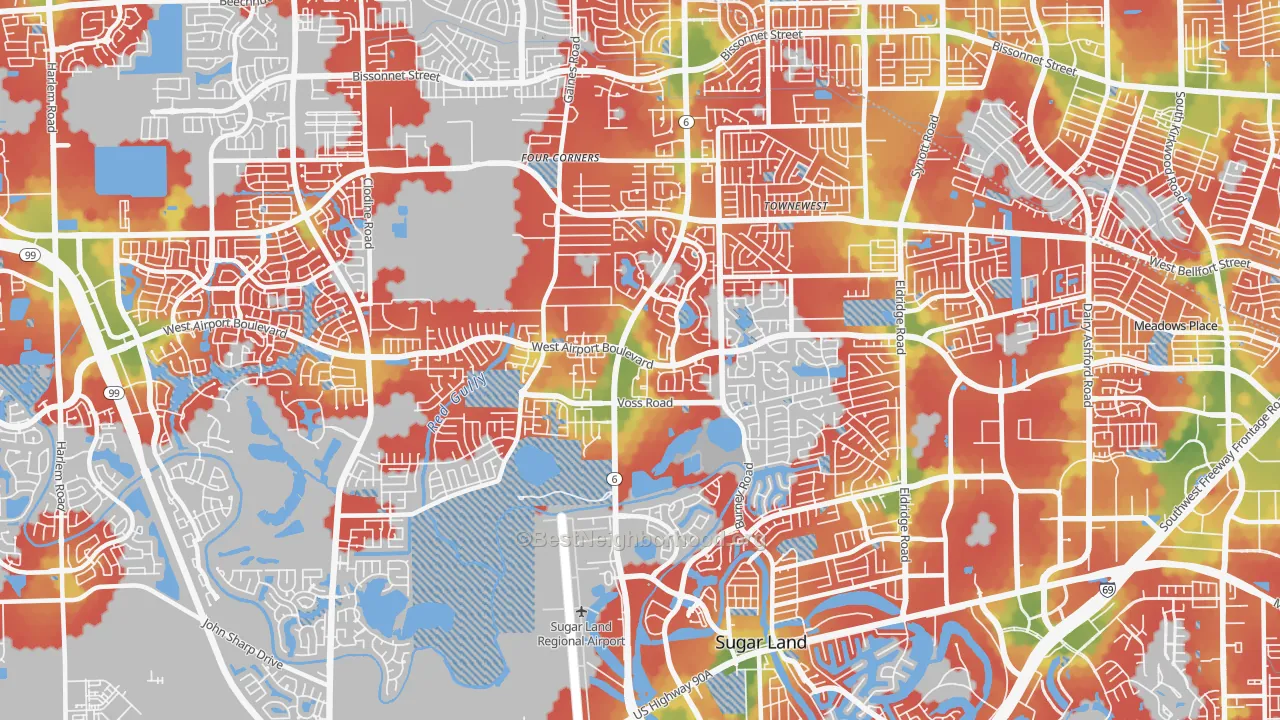 Walk Grade map of 77498, TX, walkable areas in green and car-dependent areas in red