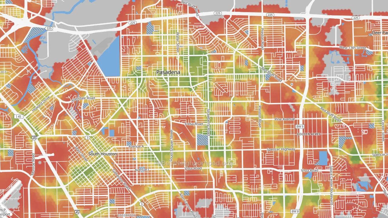Walk Grade map of 77502, TX, walkable areas in green and car-dependent areas in red