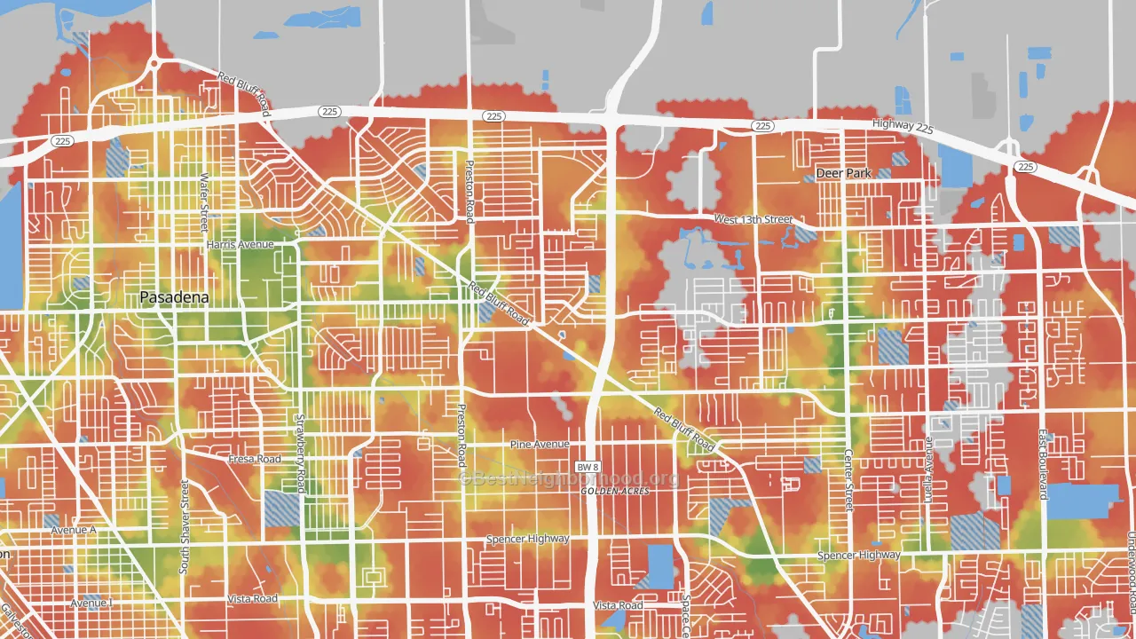 Walk Grade map of 77503, TX, walkable areas in green and car-dependent areas in red