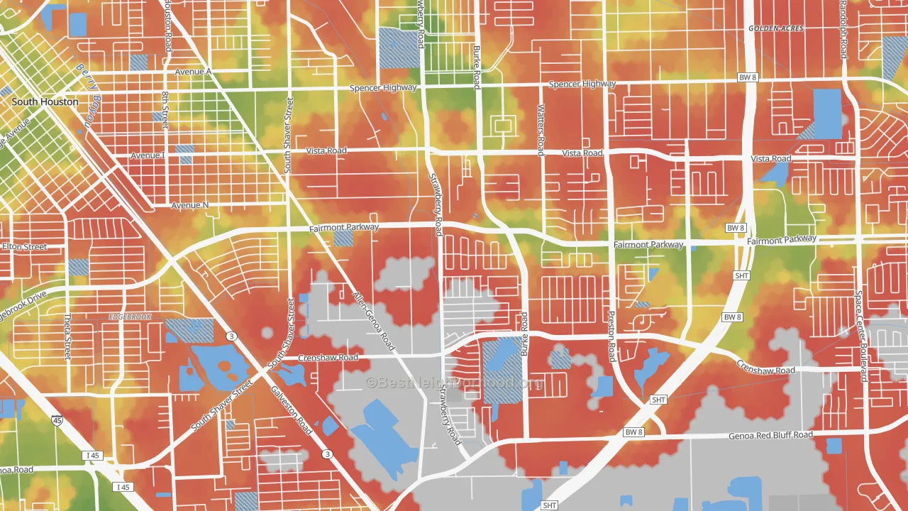 Walk Grade map of 77504, TX, walkable areas in green and car-dependent areas in red