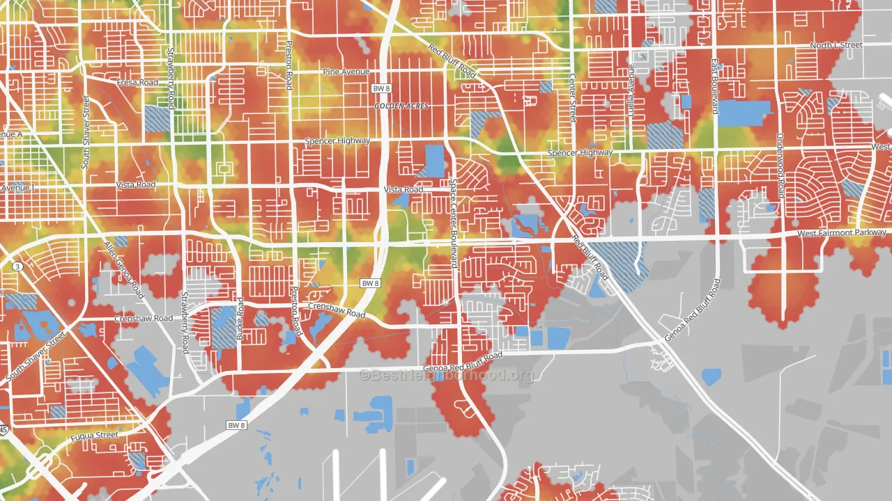Walk Grade map of 77505, TX, walkable areas in green and car-dependent areas in red