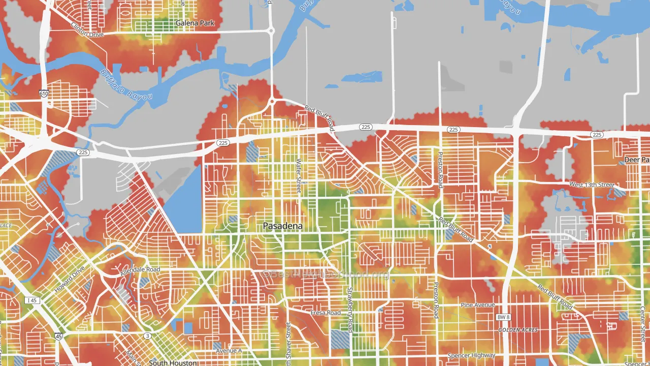 Walk Grade map of 77506, TX, walkable areas in green and car-dependent areas in red