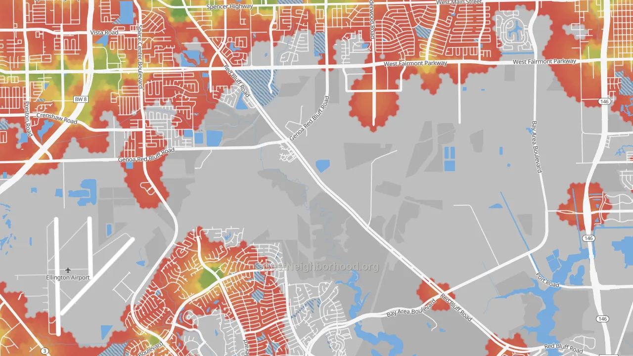 Walk Grade map of 77507, TX, walkable areas in green and car-dependent areas in red