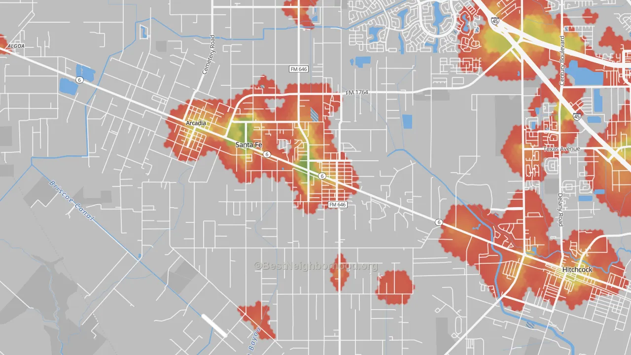 Walk Grade map of 77510, TX, walkable areas in green and car-dependent areas in red