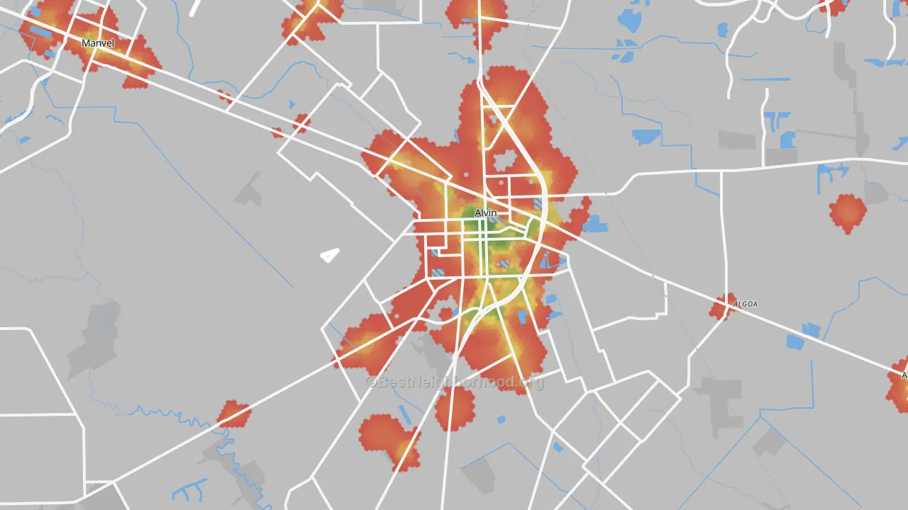 Walk Grade map of 77511, TX, walkable areas in green and car-dependent areas in red