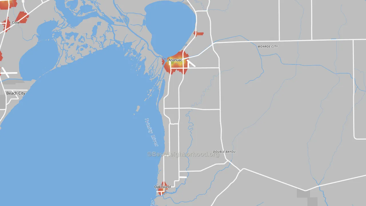 Walk Grade map of 77514, TX, walkable areas in green and car-dependent areas in red