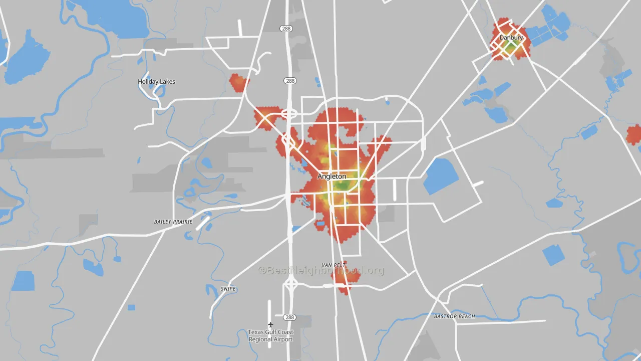 Walk Grade map of 77515, TX, walkable areas in green and car-dependent areas in red