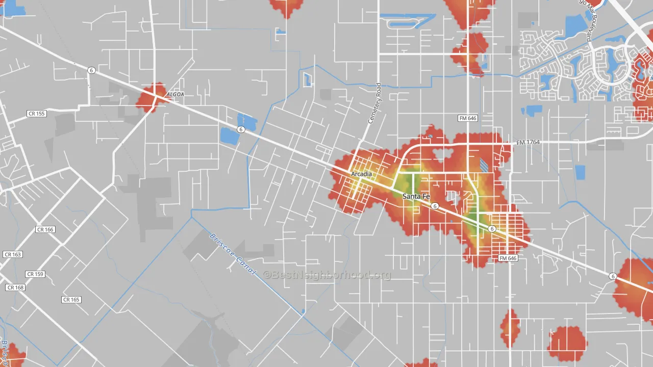 Walk Grade map of 77517, TX, walkable areas in green and car-dependent areas in red