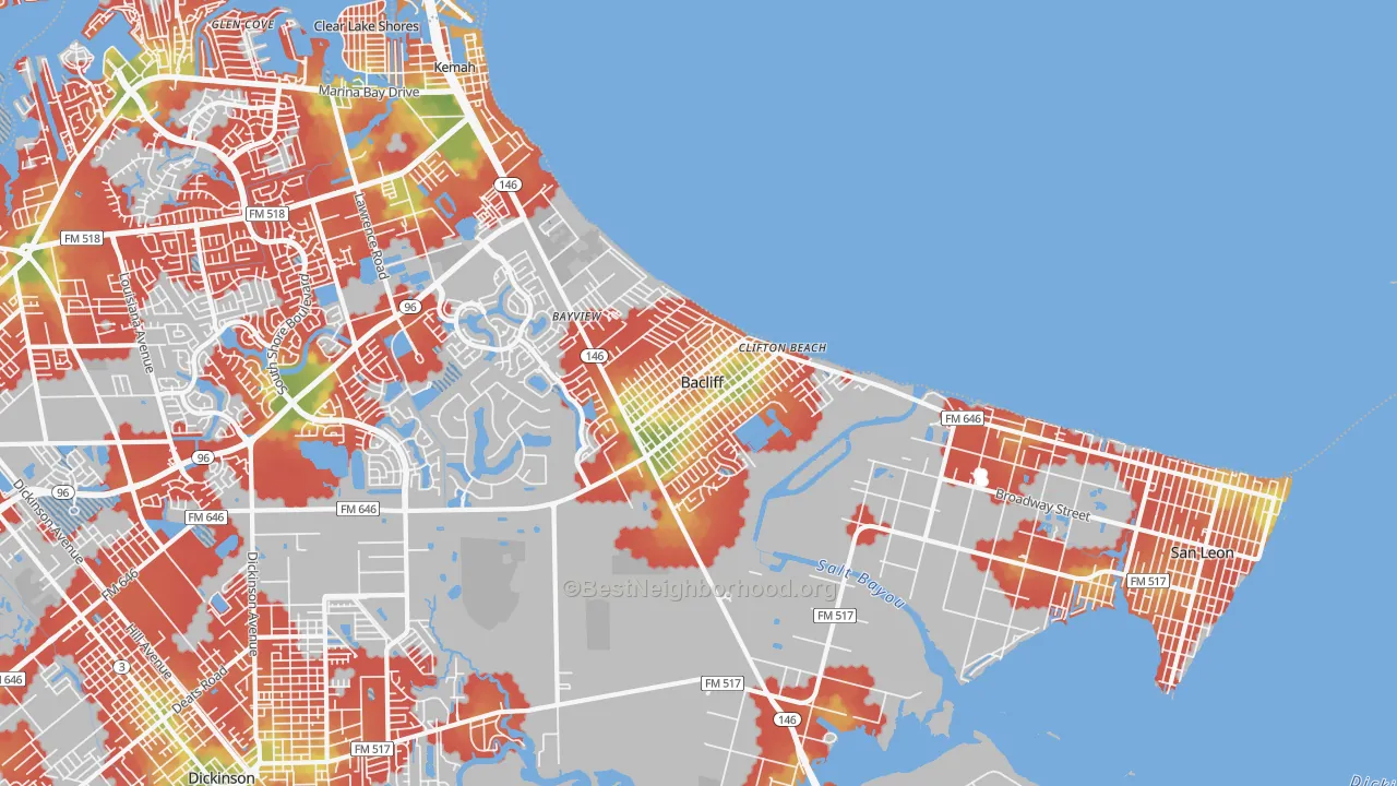 Walk Grade map of 77518, TX, walkable areas in green and car-dependent areas in red