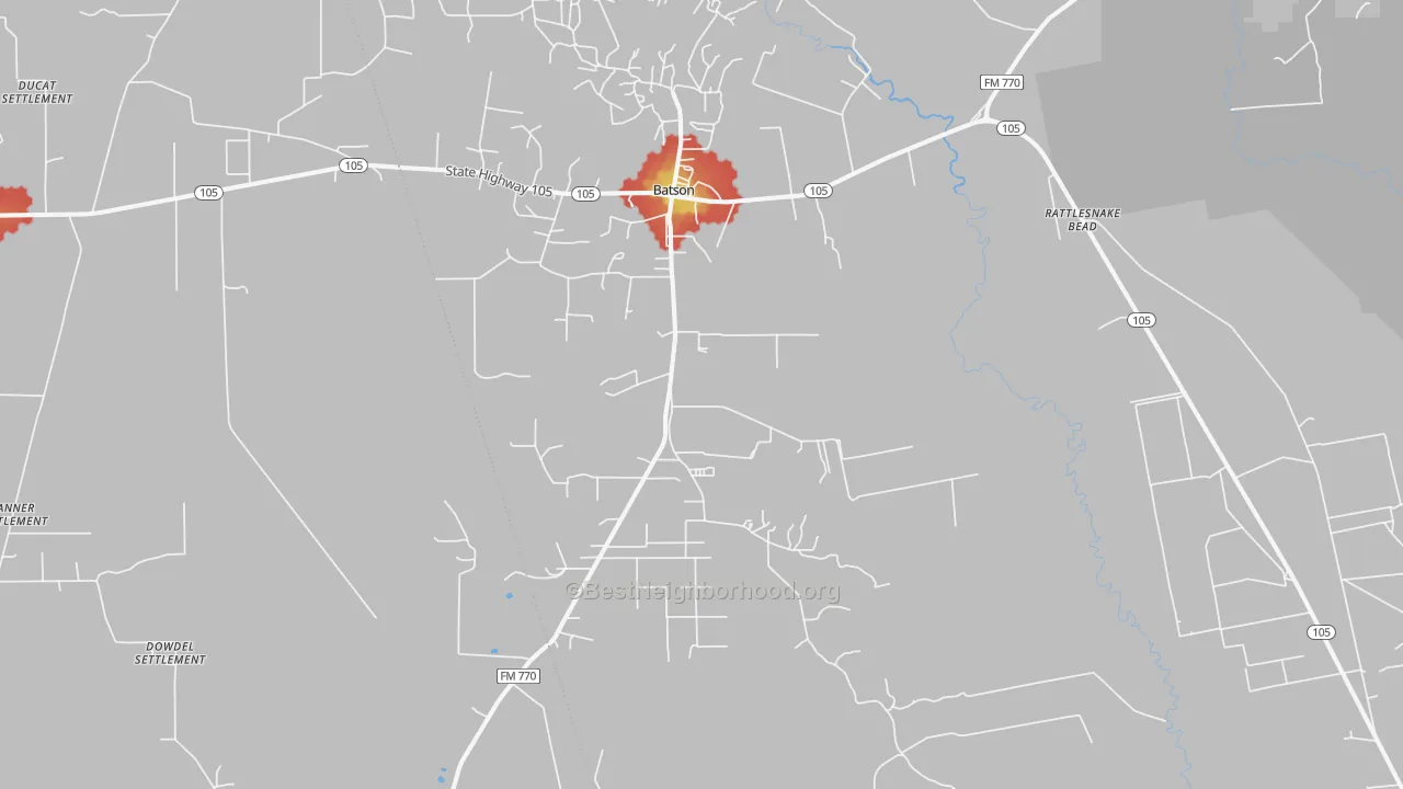 Walk Grade map of 77519, TX, walkable areas in green and car-dependent areas in red