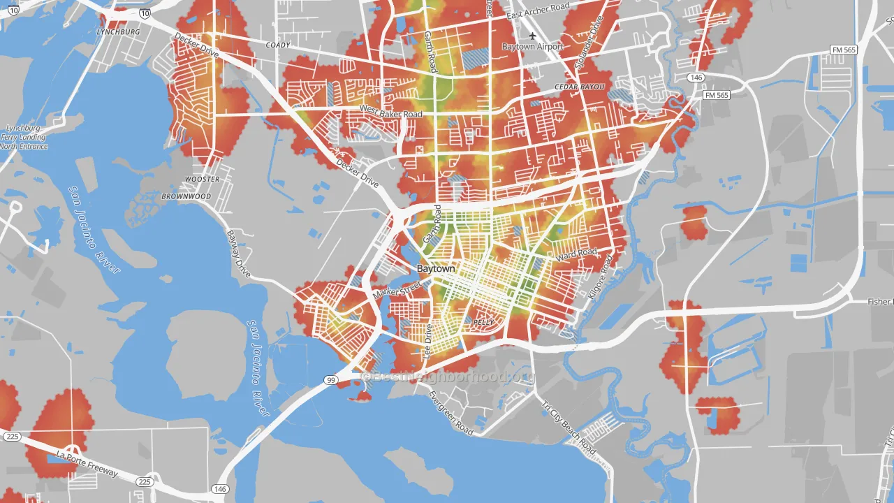 Walk Grade map of 77520, TX, walkable areas in green and car-dependent areas in red