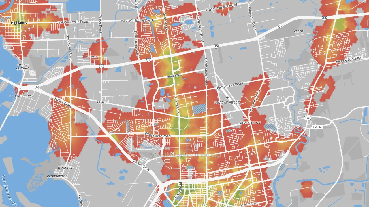 Walk Grade map of 77521, TX, walkable areas in green and car-dependent areas in red