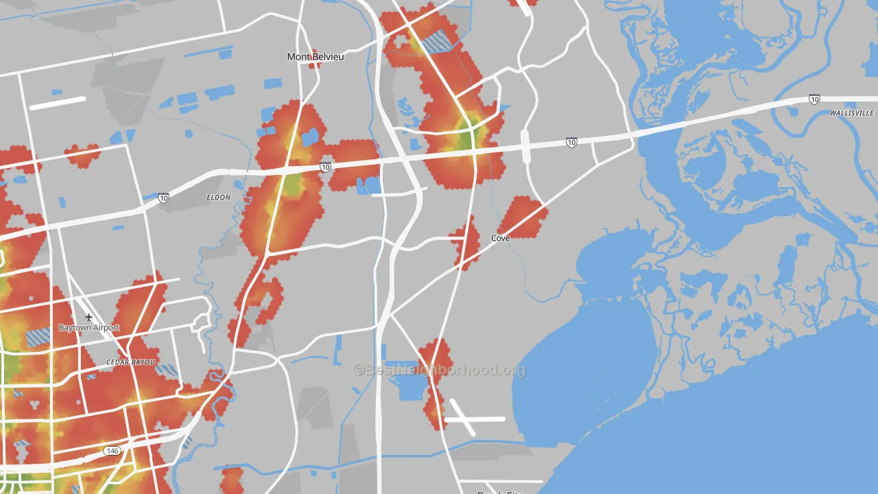 Walk Grade map of 77523, TX, walkable areas in green and car-dependent areas in red