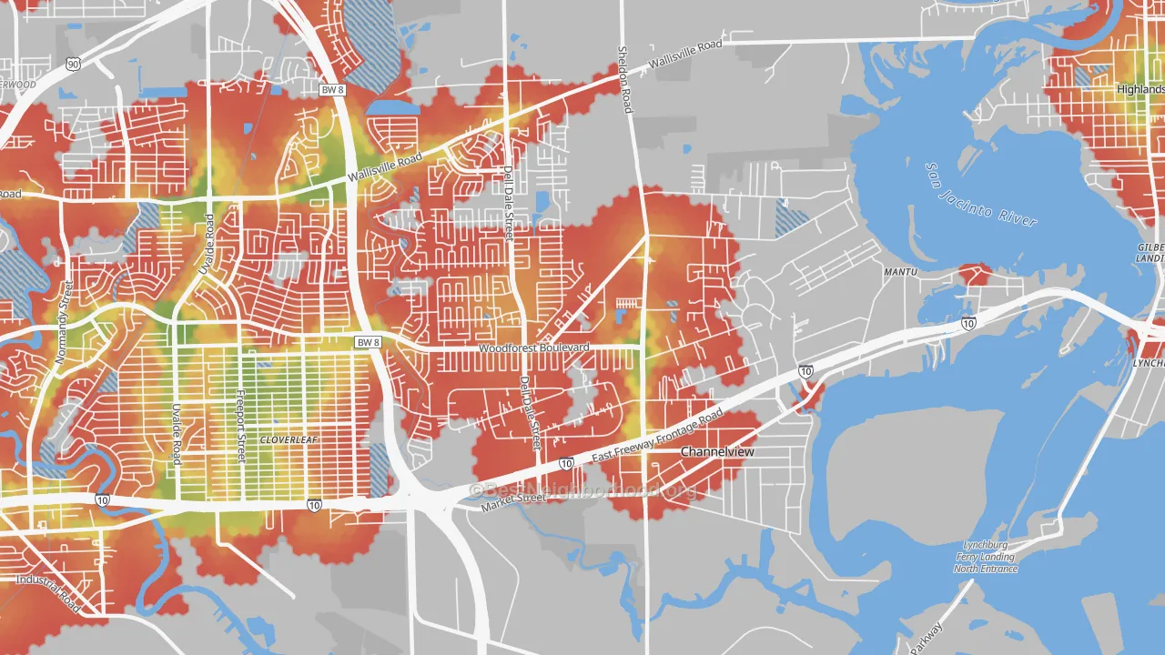 Walk Grade map of 77530, TX, walkable areas in green and car-dependent areas in red