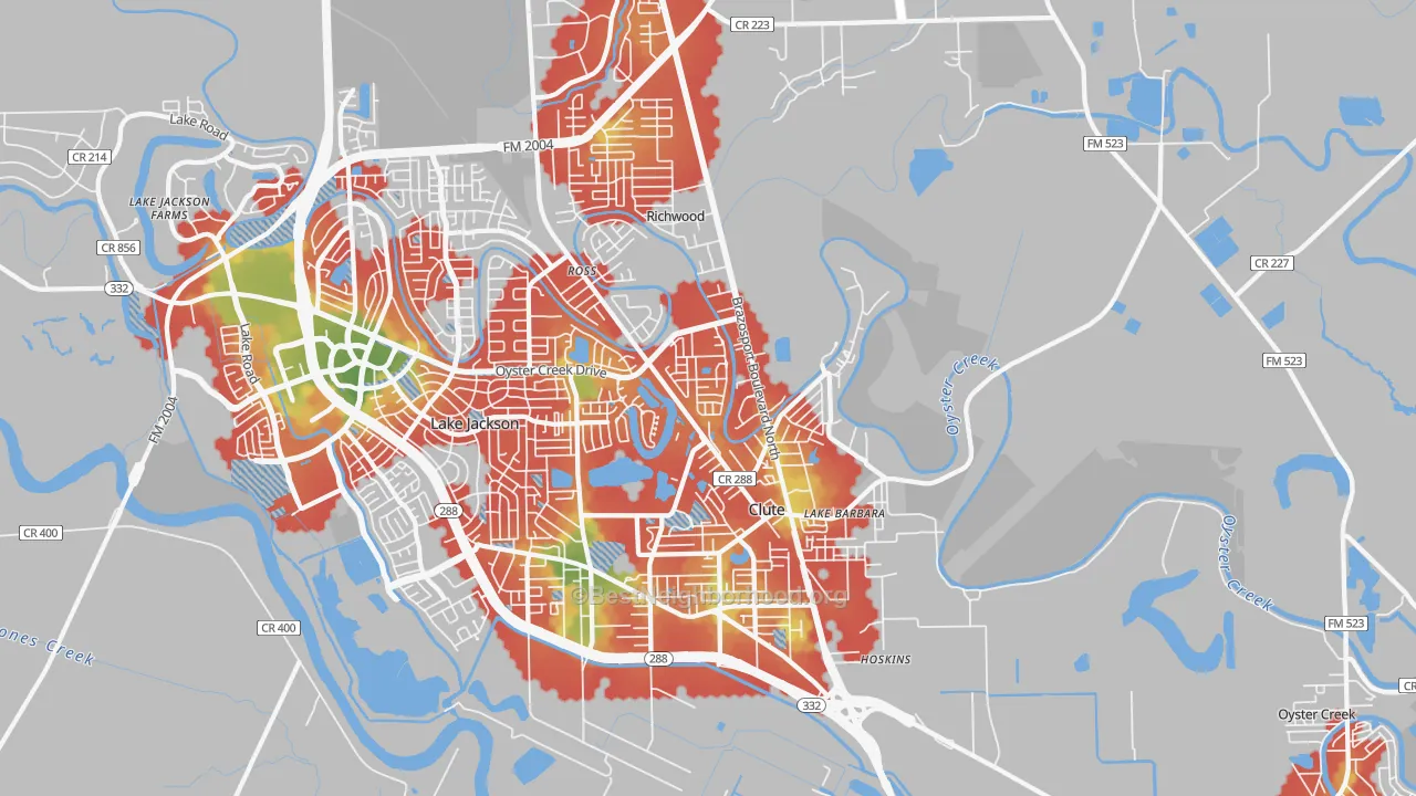 Walk Grade map of 77531, TX, walkable areas in green and car-dependent areas in red