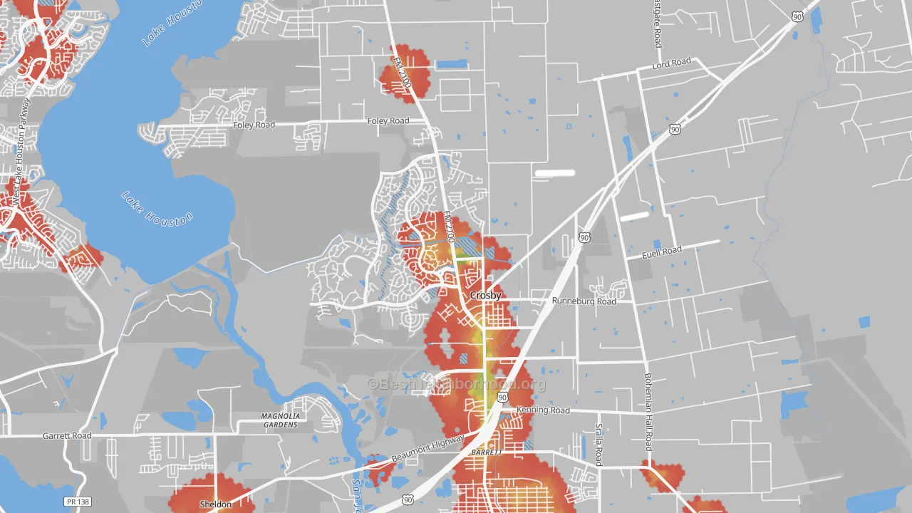 Walk Grade map of 77532, TX, walkable areas in green and car-dependent areas in red