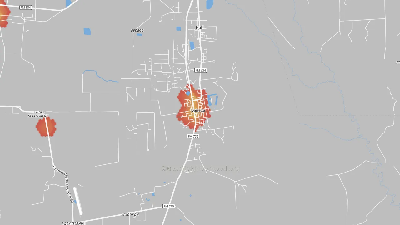 Walk Grade map of 77533, TX, walkable areas in green and car-dependent areas in red