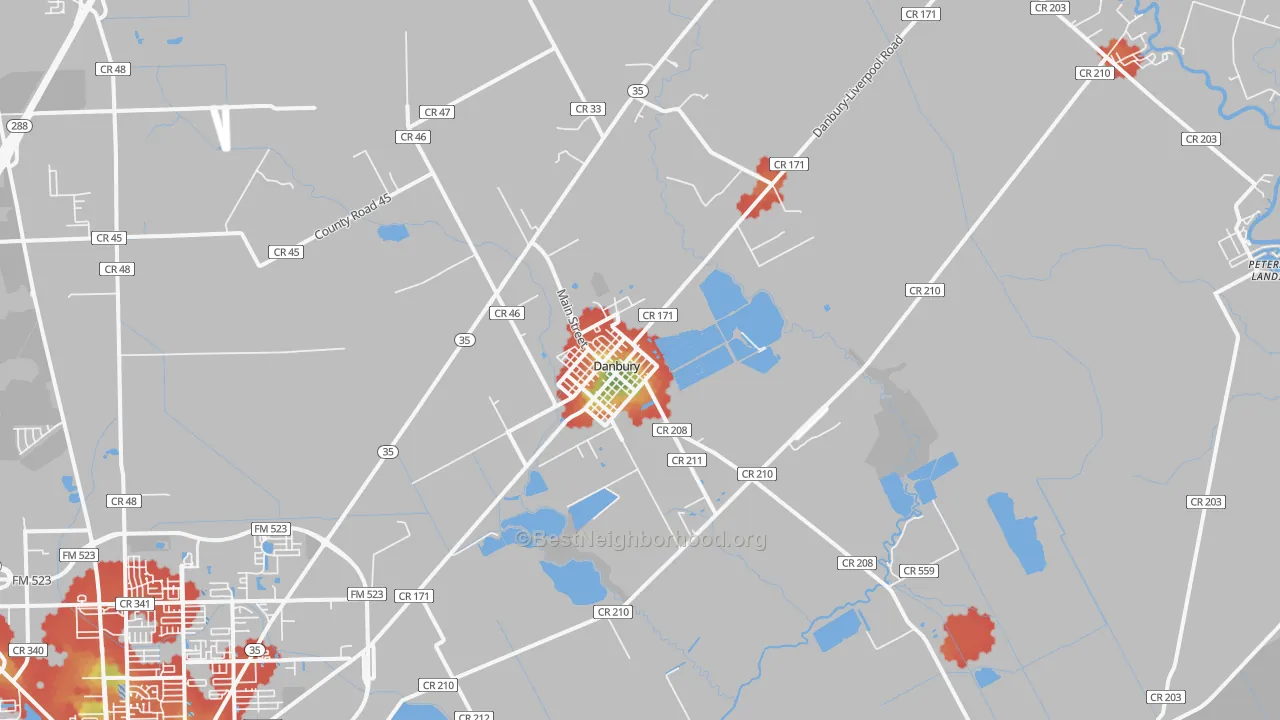 Walk Grade map of 77534, TX, walkable areas in green and car-dependent areas in red
