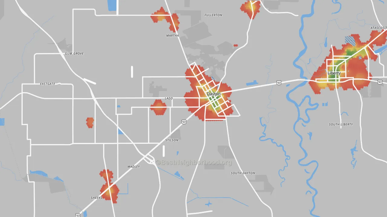 Walk Grade map of 77535, TX, walkable areas in green and car-dependent areas in red