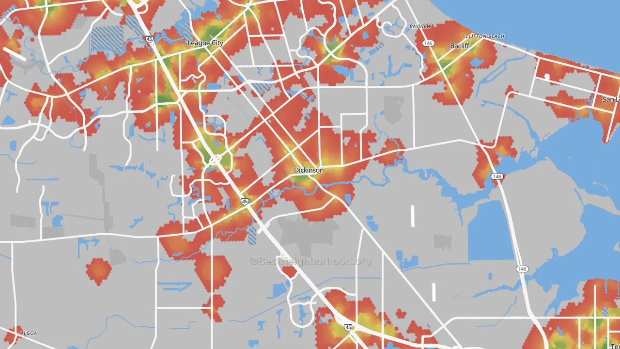 Walk Grade map of 77539, TX, walkable areas in green and car-dependent areas in red