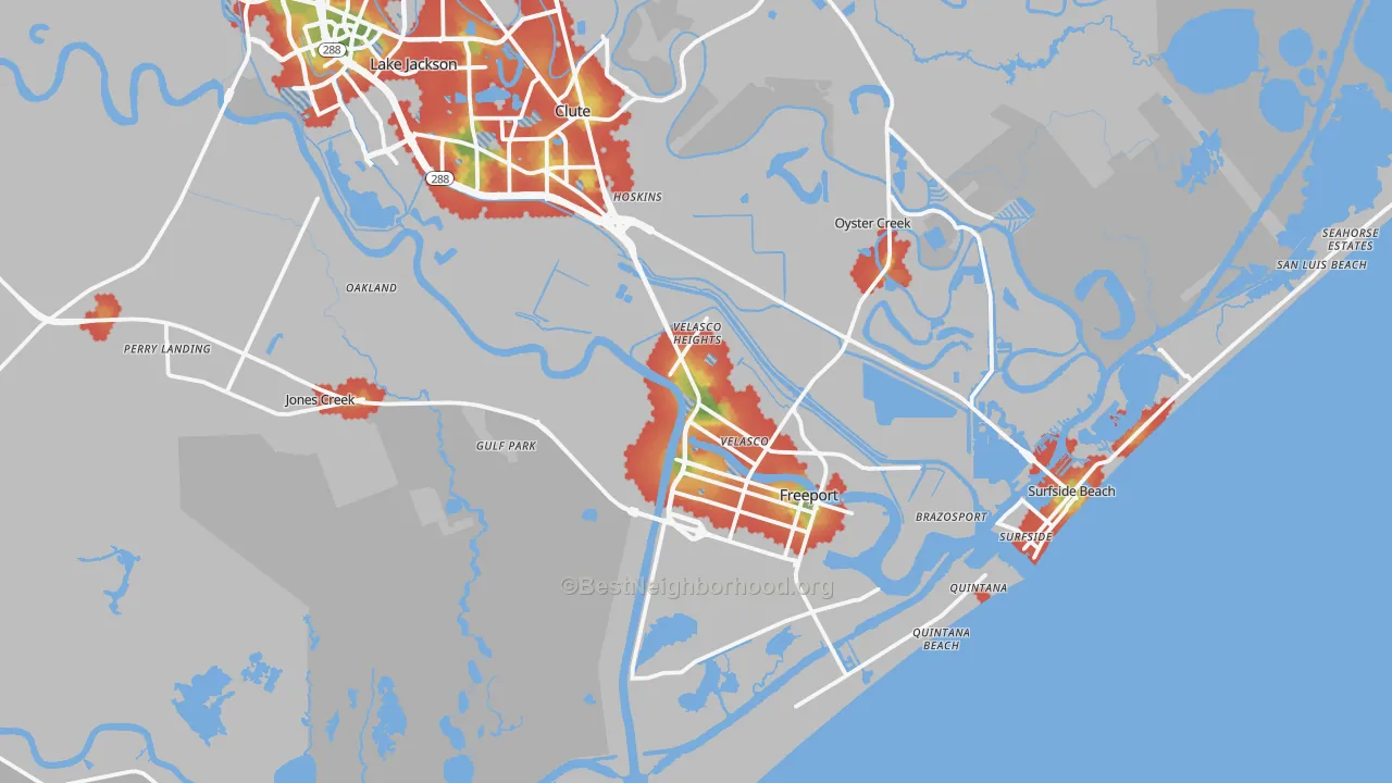 Walk Grade map of 77541, TX, walkable areas in green and car-dependent areas in red