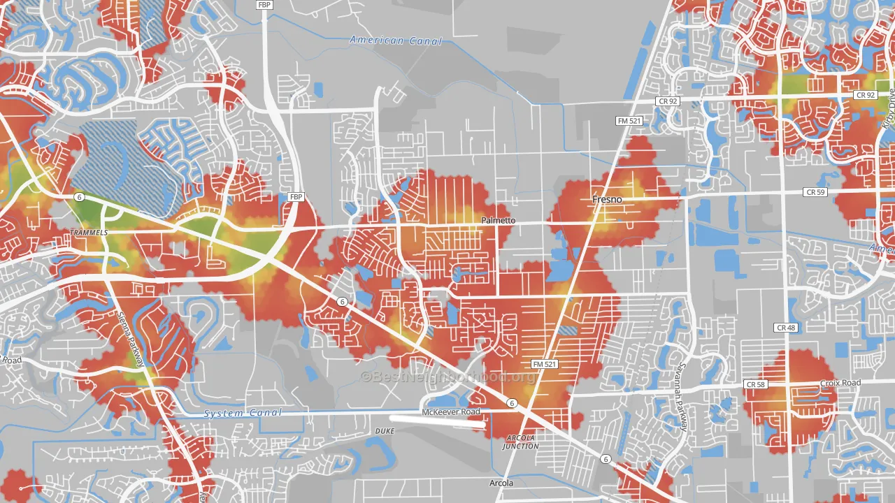 Walk Grade map of 77545, TX, walkable areas in green and car-dependent areas in red