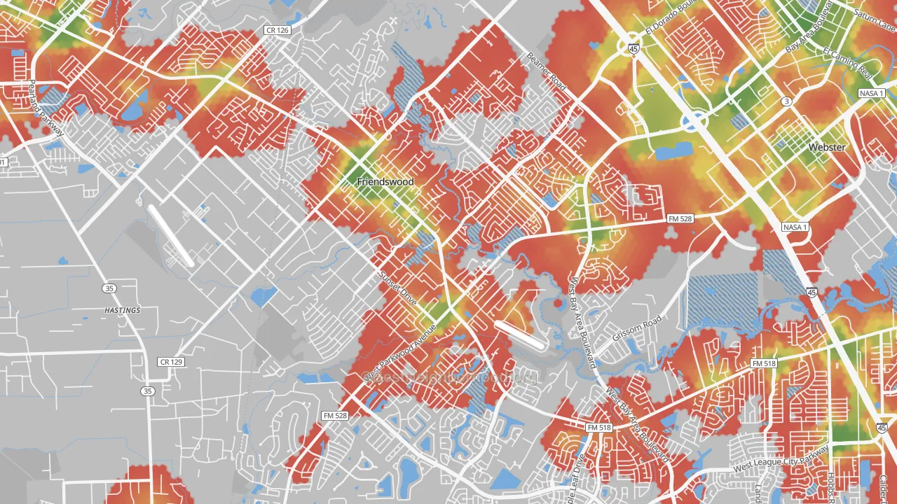 Walk Grade map of 77546, TX, walkable areas in green and car-dependent areas in red