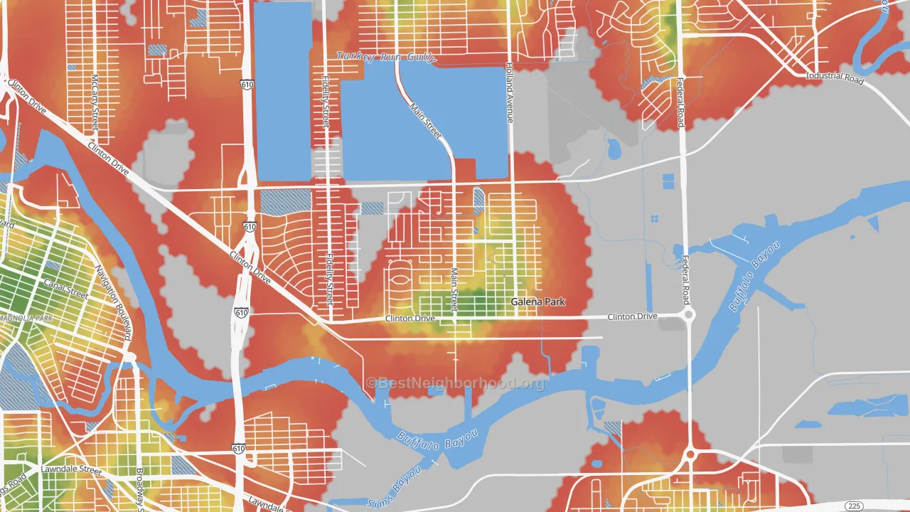Walk Grade map of 77547, TX, walkable areas in green and car-dependent areas in red