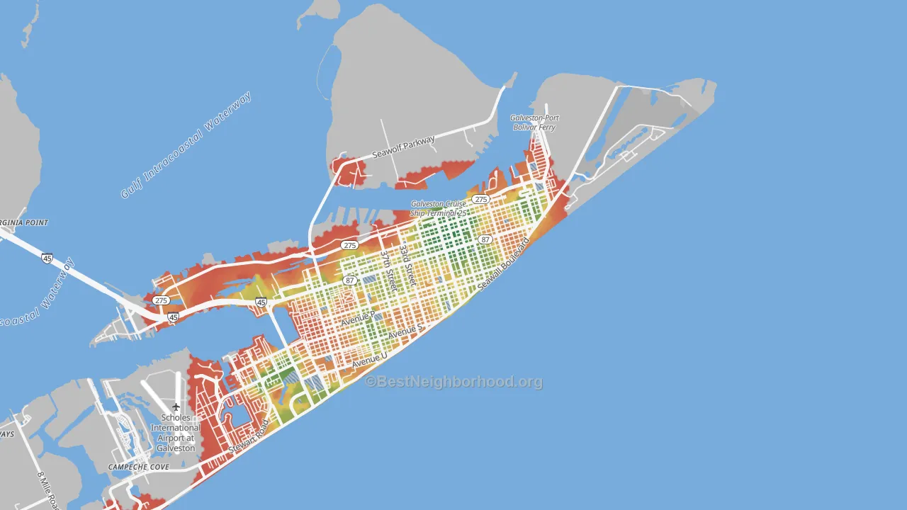 Walk Grade map of 77550, TX, walkable areas in green and car-dependent areas in red