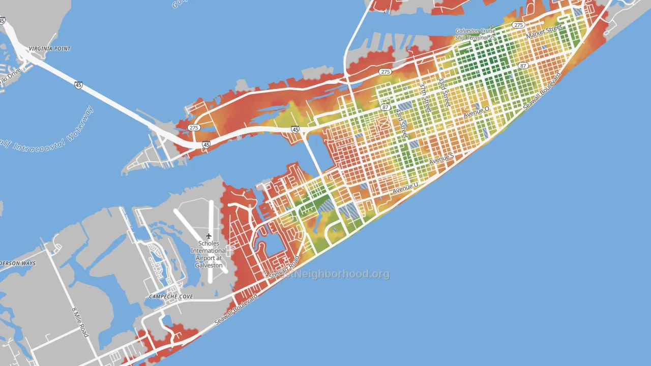 Walk Grade map of 77551, TX, walkable areas in green and car-dependent areas in red