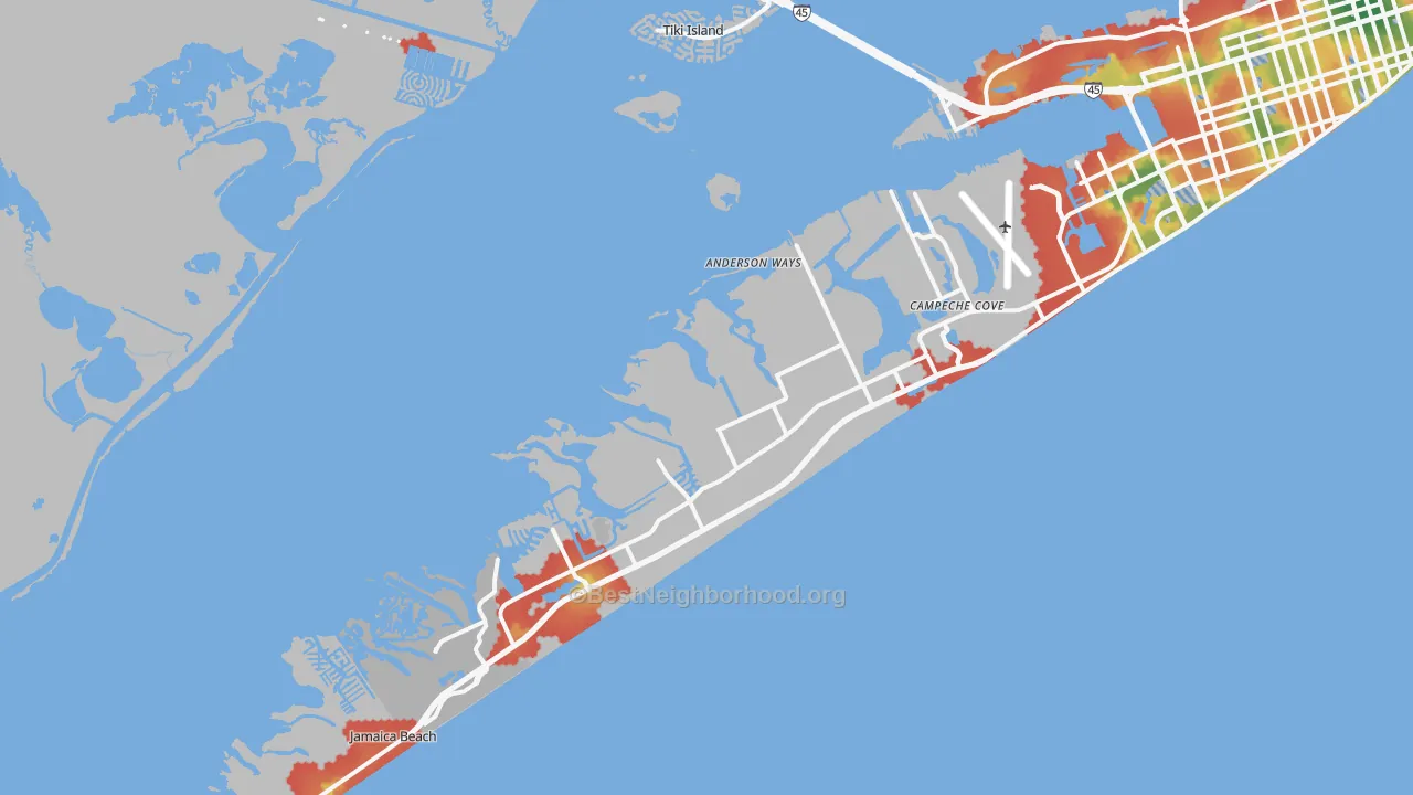 Walk Grade map of 77554, TX, walkable areas in green and car-dependent areas in red