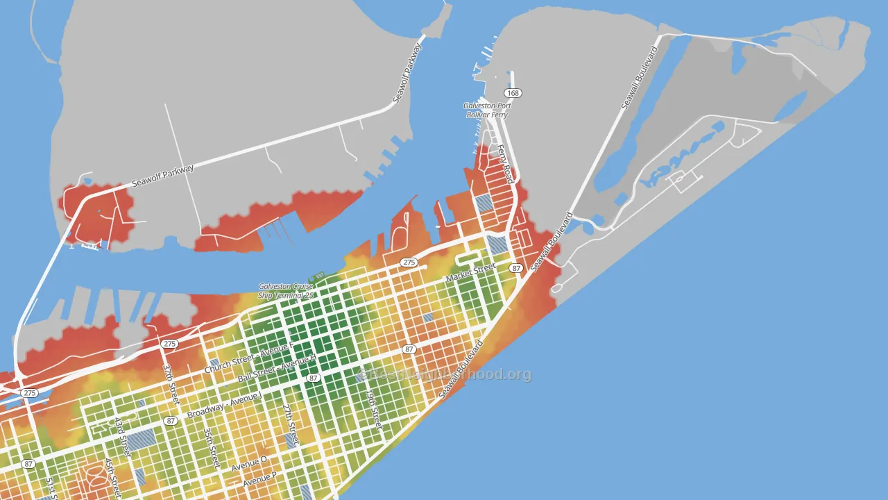 Walk Grade map of 77555, TX, walkable areas in green and car-dependent areas in red