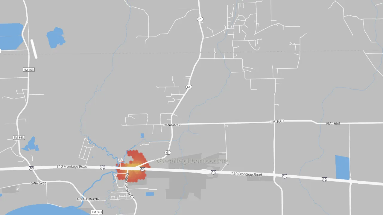 Walk Grade map of 77560, TX, walkable areas in green and car-dependent areas in red