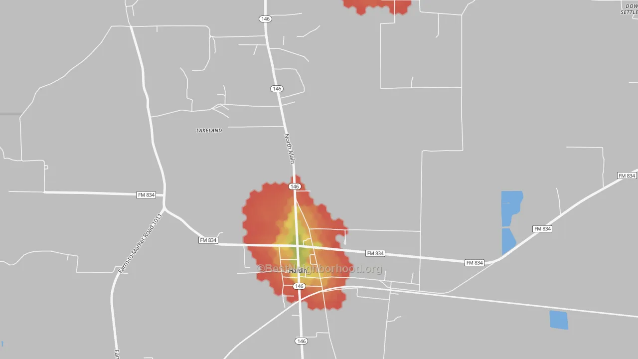 Walk Grade map of 77561, TX, walkable areas in green and car-dependent areas in red