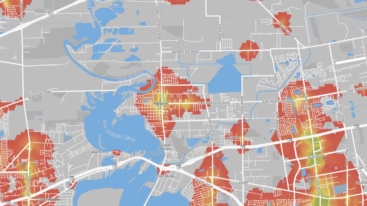 Walk Grade map of 77562, TX, walkable areas in green and car-dependent areas in red