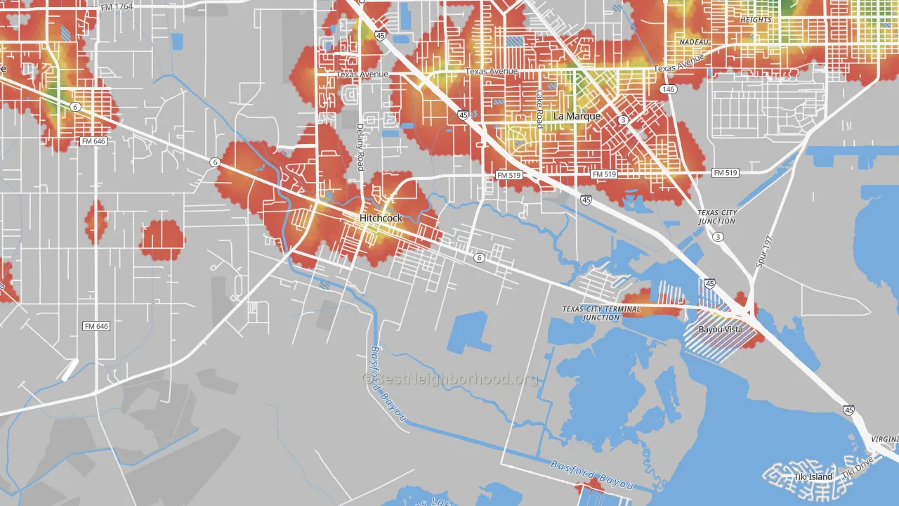 Walk Grade map of 77563, TX, walkable areas in green and car-dependent areas in red