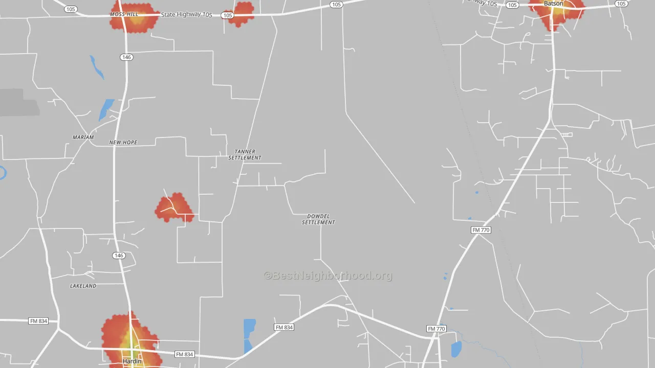Walk Grade map of 77564, TX, walkable areas in green and car-dependent areas in red