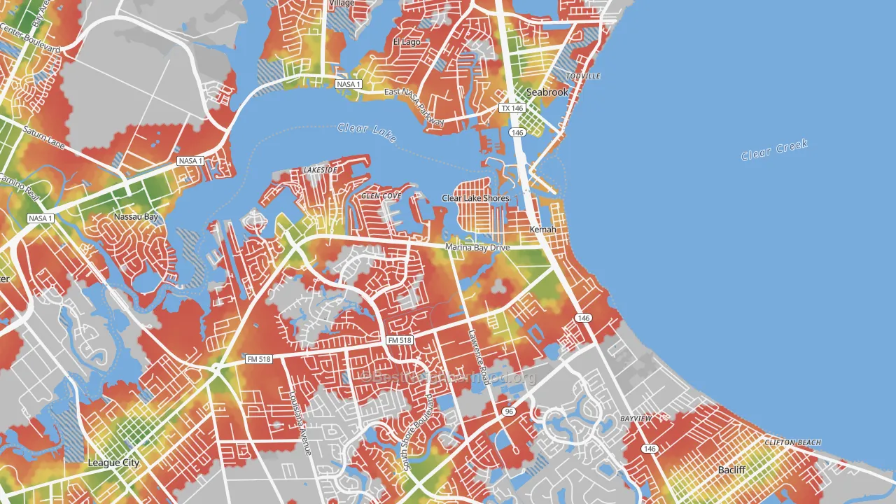 Walk Grade map of 77565, TX, walkable areas in green and car-dependent areas in red
