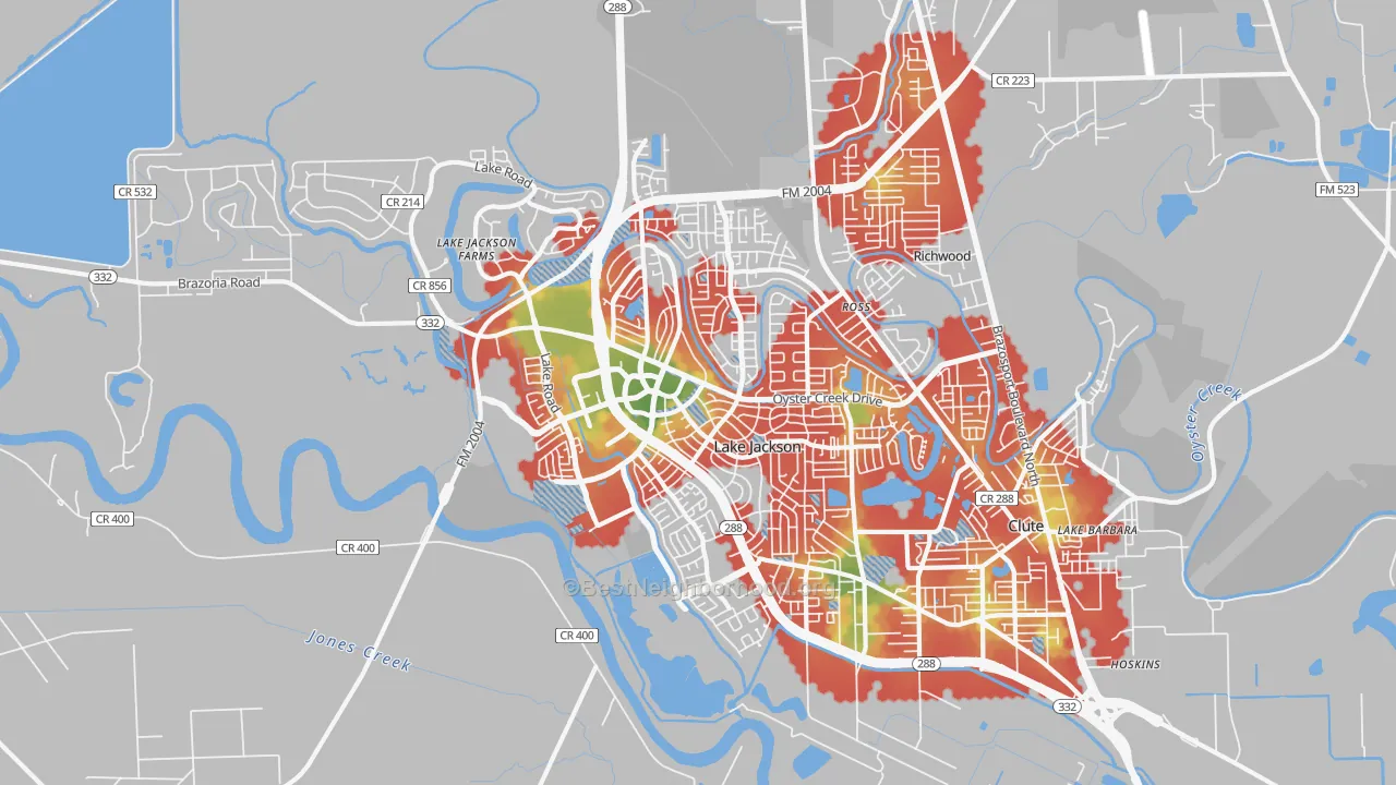 Walk Grade map of 77566, TX, walkable areas in green and car-dependent areas in red