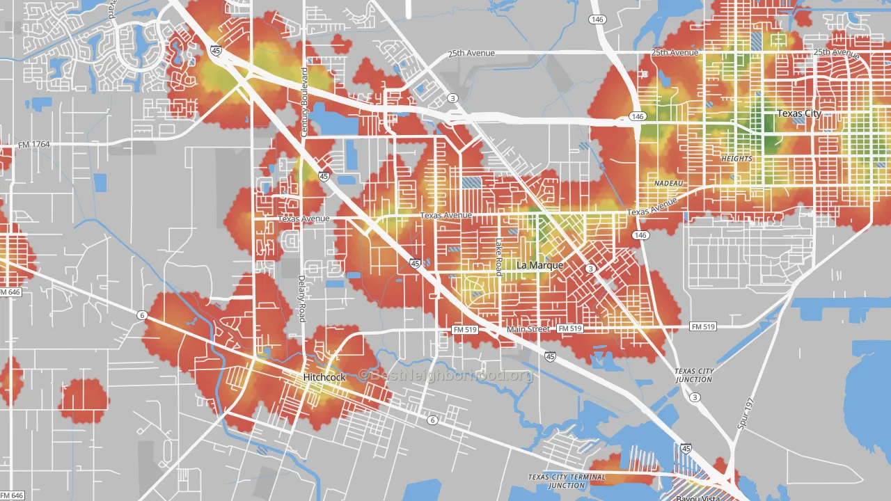 Walk Grade map of 77568, TX, walkable areas in green and car-dependent areas in red
