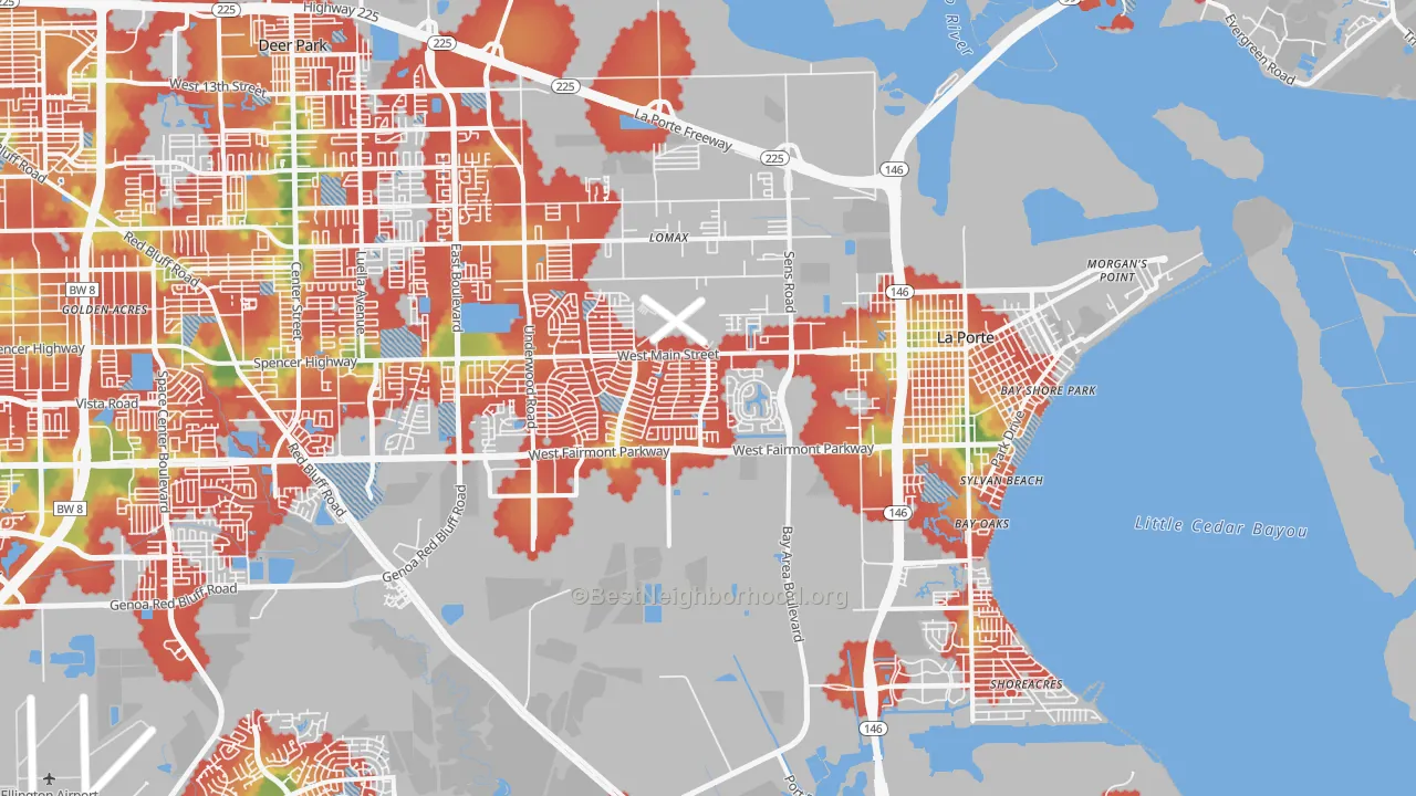Walk Grade map of 77571, TX, walkable areas in green and car-dependent areas in red