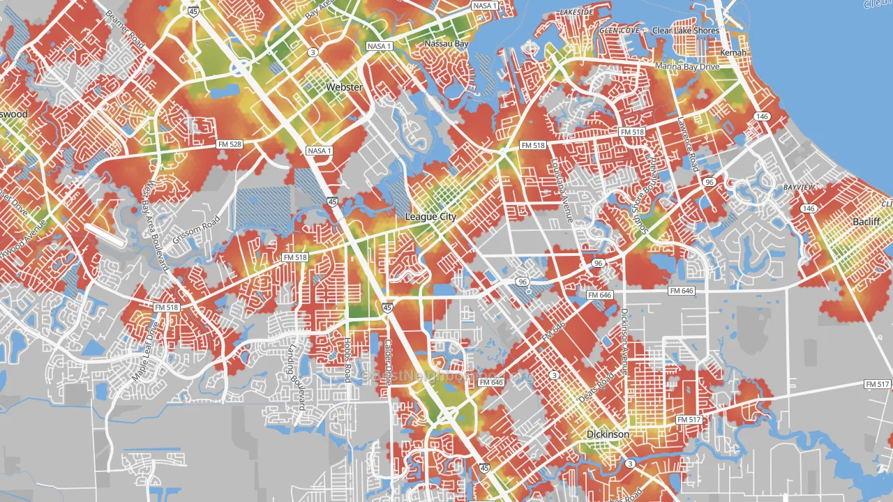 Walk Grade map of 77573, TX, walkable areas in green and car-dependent areas in red