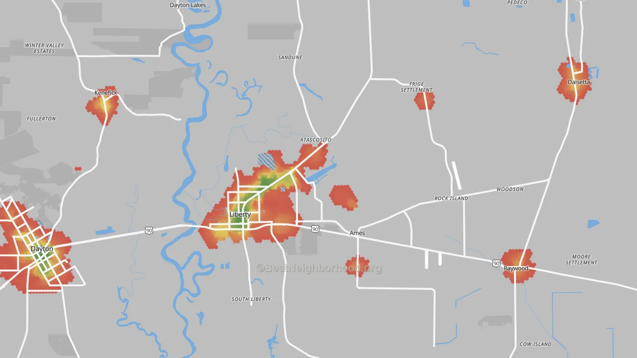 Walk Grade map of 77575, TX, walkable areas in green and car-dependent areas in red