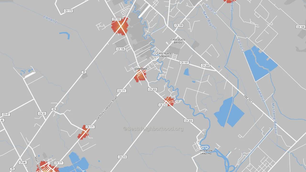 Walk Grade map of 77577, TX, walkable areas in green and car-dependent areas in red